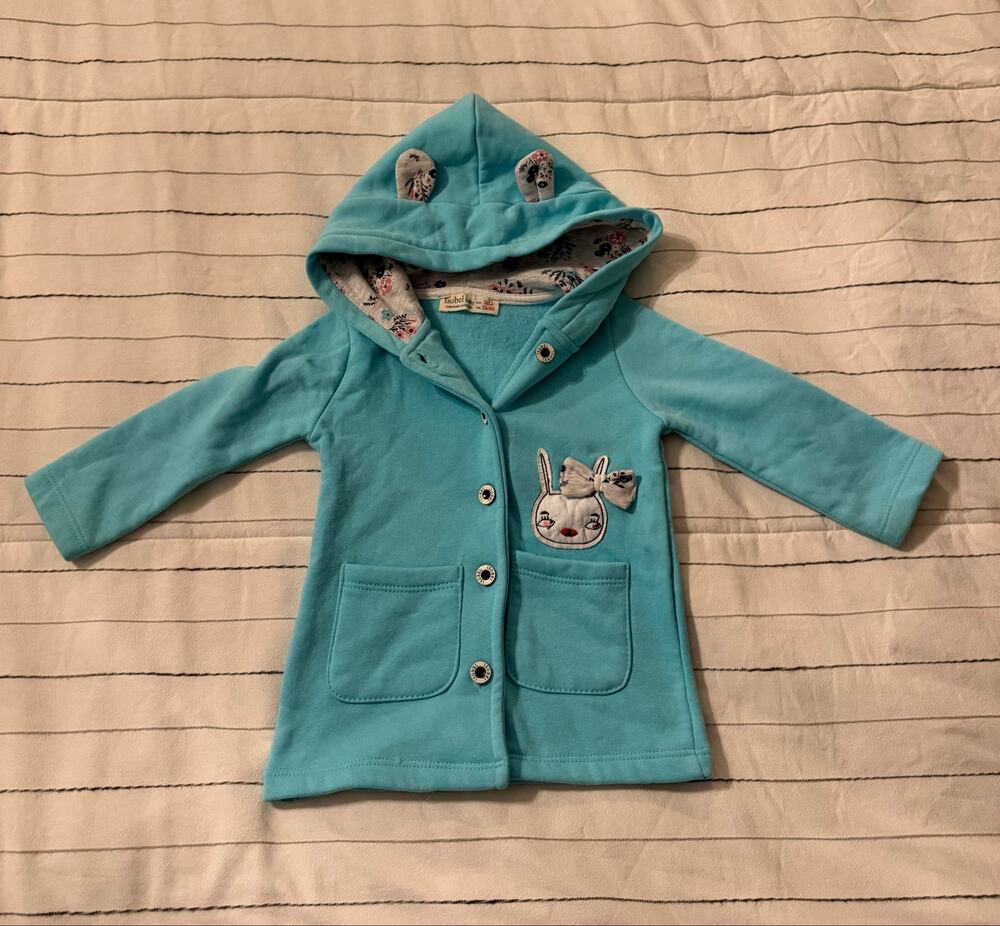 Isobel Kids | Turquoise Toddler Jacket Hood with Ears Stitched Bunny Applique